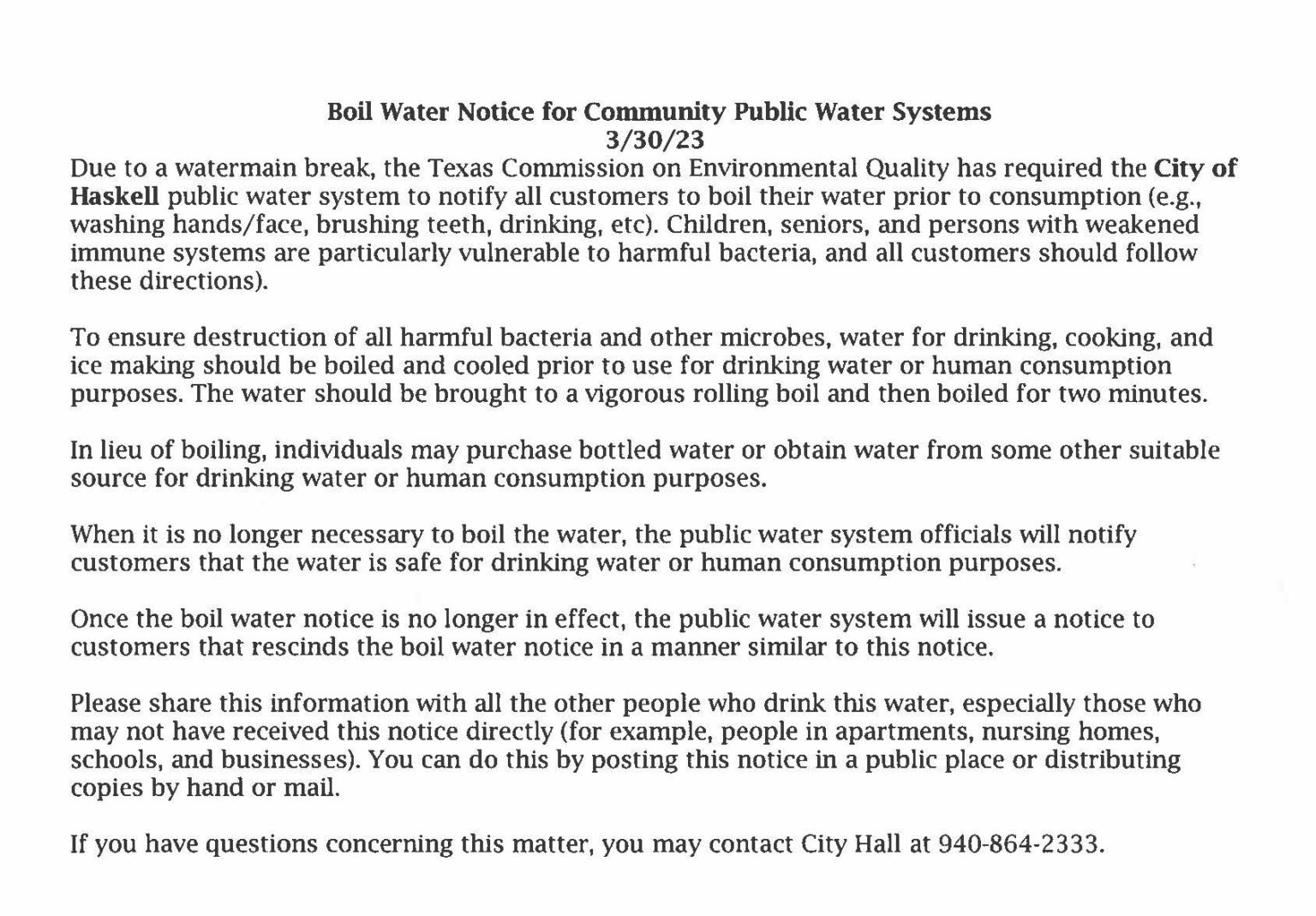 Boil Water Notice CITY OF HASKELL